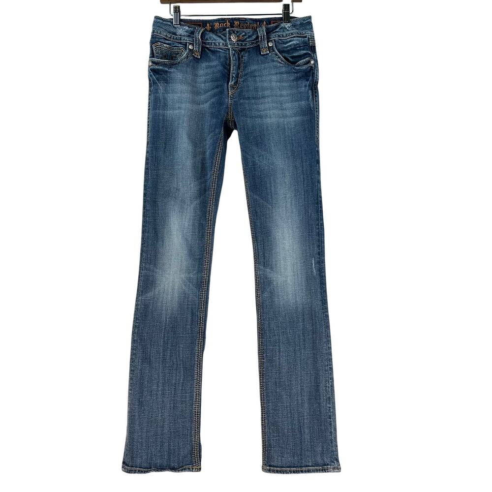 Rock Revival WMNS Debbie Straight Jeans SZ 32x33 Blue Flap  Fleur-de-Lis Pocket